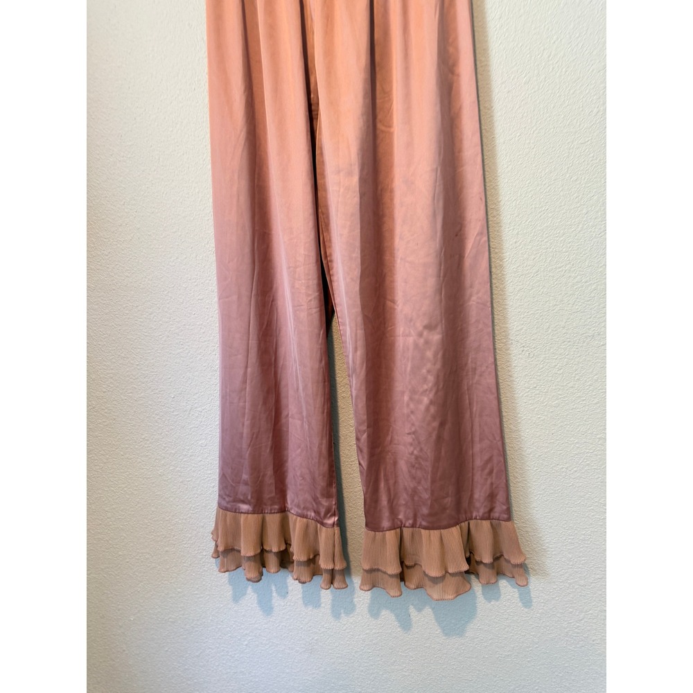 Dusty Rose Satin Wide Leg Lounge Pants Ruffle Pleated Hem Pink Women L - Picture 3 of 5
